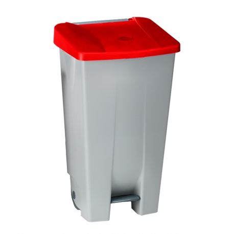 CUBO DE BASURA GRIS Y ROJO CON RUEDAS Y PEDAL 70L.